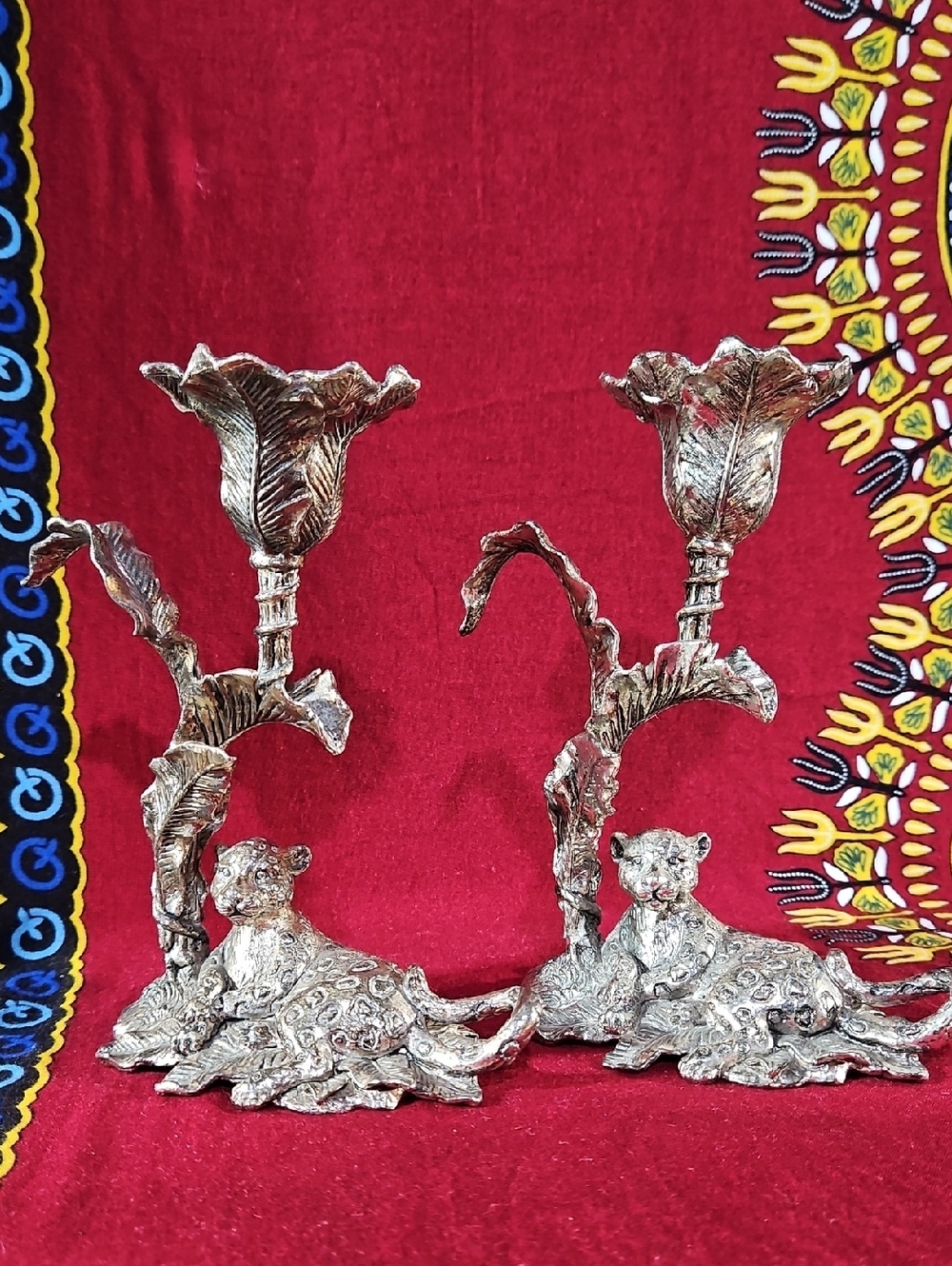 Arthur Court Heavy Cast Aluminum Leopard Jaguar Jungle Candlesticks - Pair